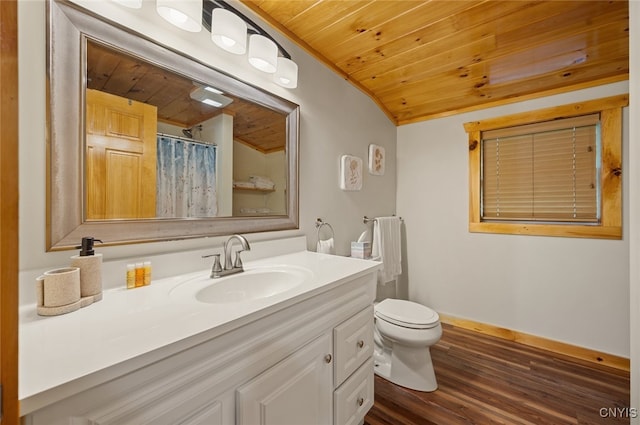 224 Macarthur Rd, Russia, NY 13324 - full bath featuring wood ceiling, vanity, wood finished floors, vaulted ceiling, and a shower with shower curtain