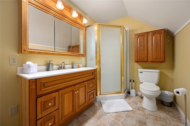 224 Macarthur Rd, Russia, NY 13324 - full bathroom with vanity, a stall shower, and lofted ceiling