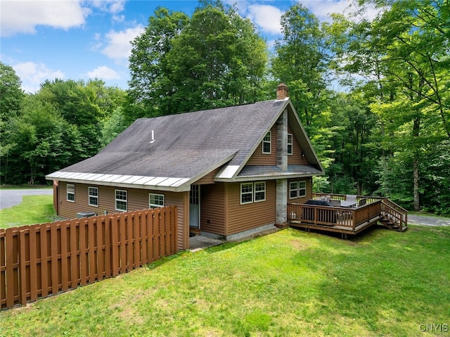 224 Macarthur Rd, Russia, NY 13324 - rear view of property with a wooden deck, a shingled roof, and a chimney