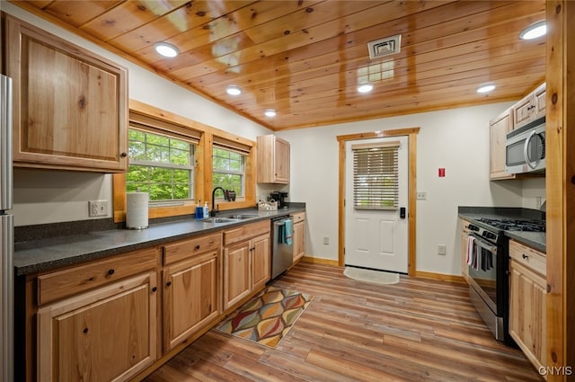 224 Macarthur Rd, Russia, NY 13324 - kitchen with appliances with stainless steel finishes, wood ceiling, dark countertops, light wood-type flooring, and recessed lighting