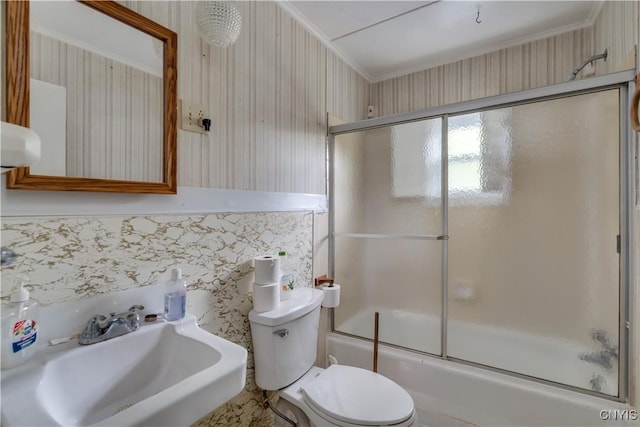 12324 US Route 11, Adams, NY 13606 - bathroom with enclosed tub / shower combo, ornamental molding, and wallpapered walls