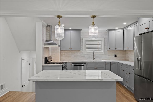 42 Frontenac Ave, Buffalo, NY 14216 - kitchen with stainless steel appliances, gray cabinetry, wall chimney range hood, wood finished floors, and tasteful backsplash