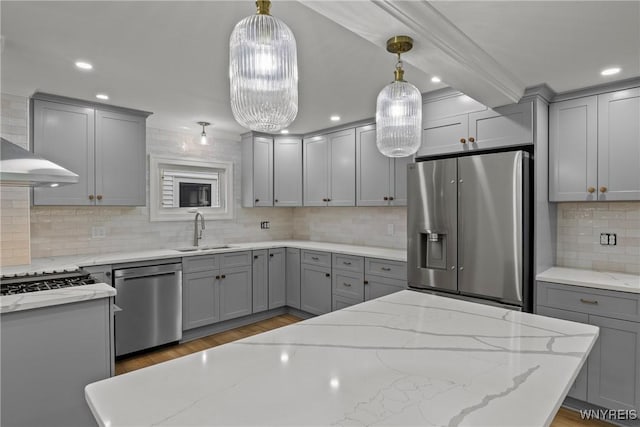 42 Frontenac Ave, Buffalo, NY 14216 - kitchen featuring appliances with stainless steel finishes, gray cabinets, backsplash, and recessed lighting