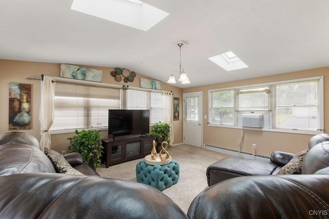 7772 New Hope W, Clay, NY 13090 - carpeted living area featuring a skylight, a baseboard radiator, lofted ceiling, cooling unit, and a chandelier