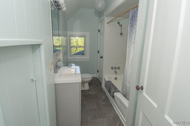45 S Academy St, Middlebury, NY 14591 - full bathroom featuring vanity, shower / tub combo, vaulted ceiling, and marble finish floors