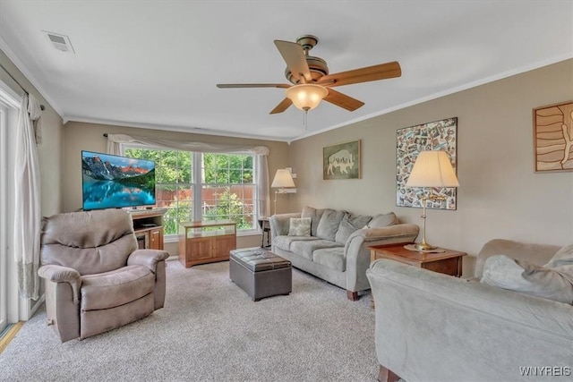 34 Northfield Pl, Amherst, NY 14226 - carpeted living room with crown molding and ceiling fan