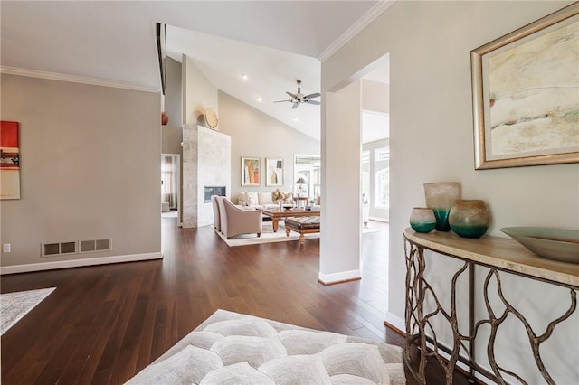 31 Spruce Rdg, Perinton, NY 14450 - entryway with a ceiling fan, hardwood / wood-style floors, crown molding, and high vaulted ceiling