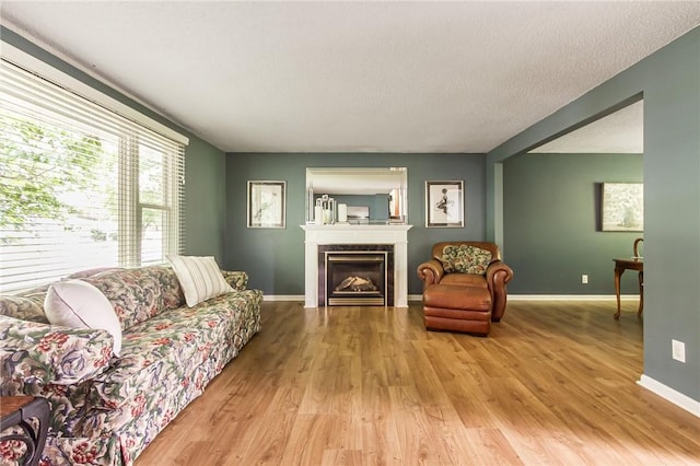 218 Fox Hall Dr, Irondequoit, NY 14609 - living area with light wood-style floors, a tiled fireplace, and a textured ceiling