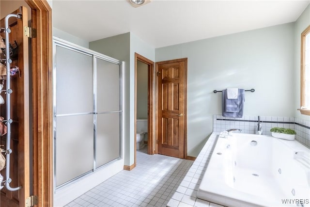 5477 Pebble Beach Dr, Hamburg, NY 14075 - bathroom with a stall shower, a jetted tub, and tile patterned floors