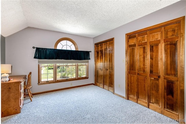 5477 Pebble Beach Dr, Hamburg, NY 14075 - unfurnished bedroom featuring two closets, carpet floors, a textured ceiling, and lofted ceiling