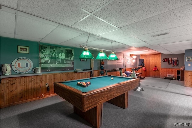 5477 Pebble Beach Dr, Hamburg, NY 14075 - rec room with wood walls, a drop ceiling, wainscoting, pool table, and carpet floors