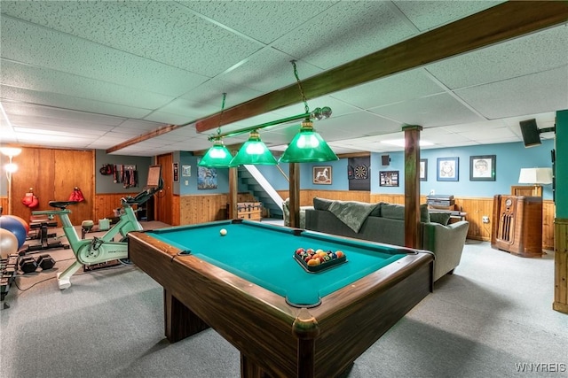 5477 Pebble Beach Dr, Hamburg, NY 14075 - game room featuring carpet flooring, wood walls, a drop ceiling, wainscoting, and billiards table