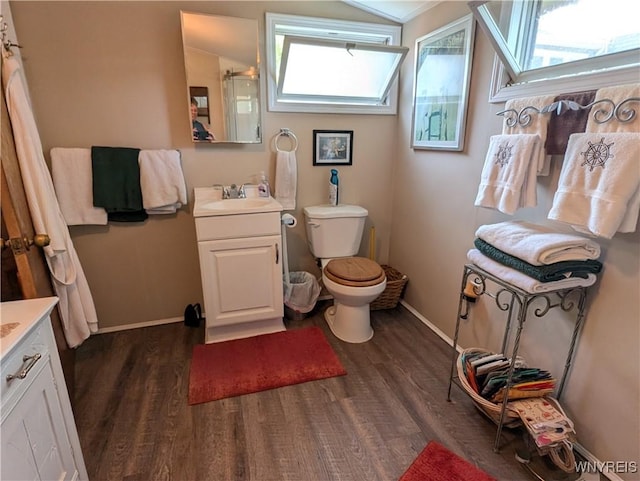 10337 Chaffee Ln, Yates, NY 14098 - full bathroom with vanity, wood finished floors, and vaulted ceiling
