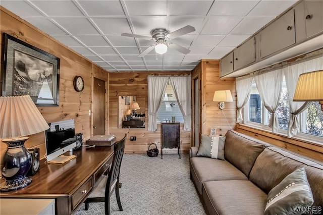 8515 Rte 243, Rushford, NY 14777 - office with a ceiling fan, light colored carpet, and wooden walls
