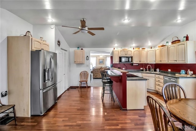 8515 Rte 243, Rushford, NY 14777 - kitchen with stainless steel fridge with ice dispenser, lofted ceiling, black microwave, a ceiling fan, and dark wood-style flooring