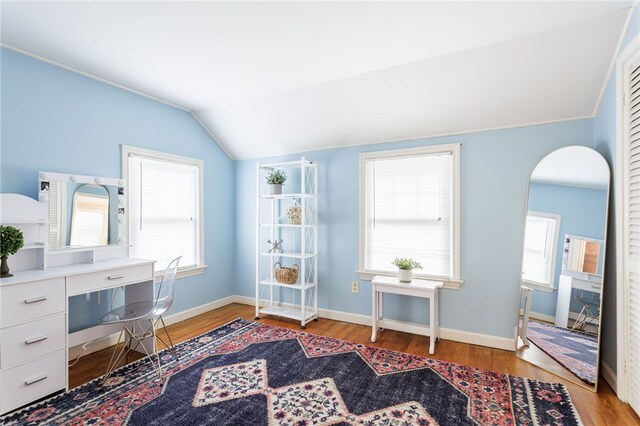 80 Rock Beach Rd, Irondequoit, NY 14617 - home office featuring vaulted ceiling, wood finished floors, plenty of natural light, arched walkways, and built in desk