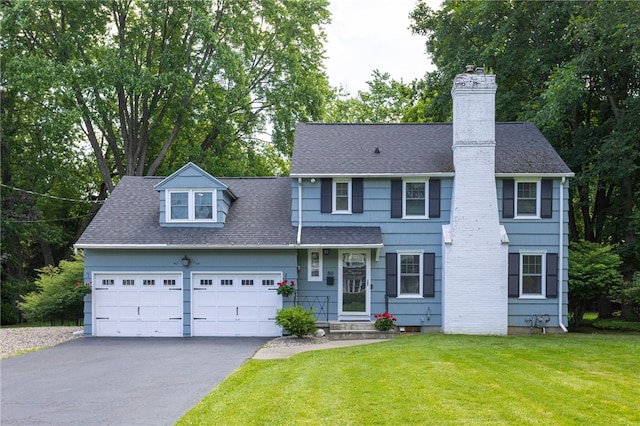 80 Rock Beach Rd, Irondequoit, NY 14617 - view of front of home with an attached garage, driveway, a chimney, a shingled roof, and a front lawn