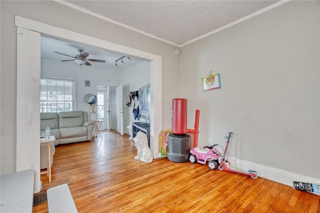 65-67 Woodlawn St, Rochester, NY 14607 - living room with wood finished floors, a ceiling fan, and ornamental molding