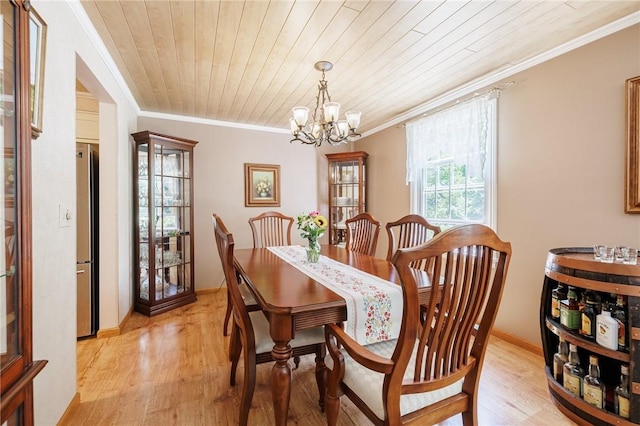 97 Saint Andrews Dr, Greece, NY 14626 - dining space featuring crown molding, a chandelier, light wood-style flooring, and wooden ceiling