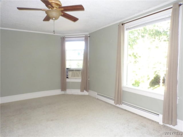 315 Laurens St, Olean-City, NY 14760 - spare room with a baseboard heating unit, carpet floors, cooling unit, ceiling fan, and crown molding