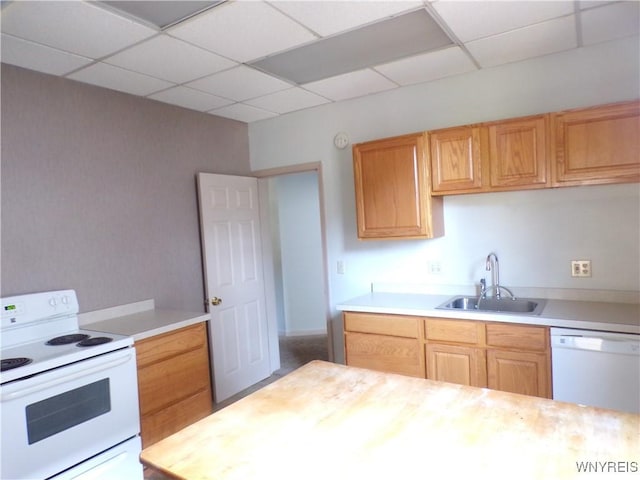 315 Laurens St, Olean-City, NY 14760 - kitchen featuring white appliances, a paneled ceiling, and butcher block countertops