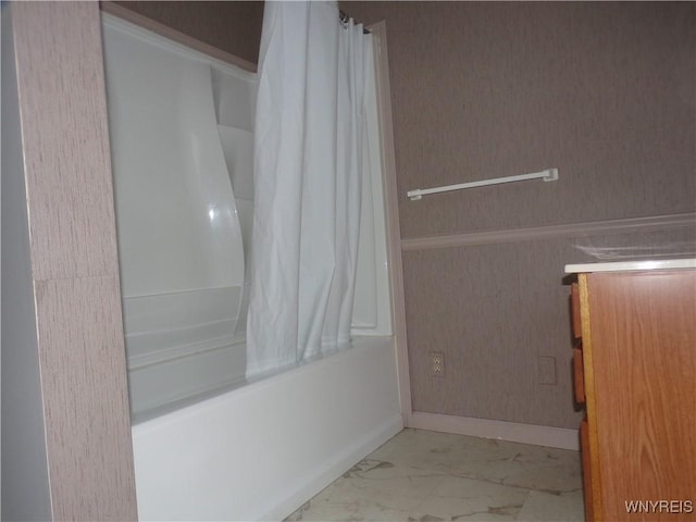 315 Laurens St, Olean-City, NY 14760 - bathroom with marble finish floors and shower / bath combo with shower curtain