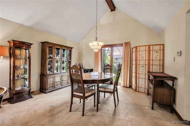 83 Randwood Dr, Amherst, NY 14068 - dining area with light carpet, a chandelier, high vaulted ceiling, and beam ceiling