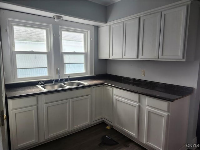609 W Colvin St, Syracuse, NY 13205 - kitchen featuring dark countertops, dark wood finished floors, and white cabinetry