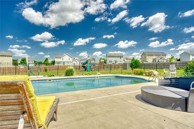 28 Blaydon Loop, Henrietta, NY 14586 - view of swimming pool with a playground, a residential view, a patio, and a fenced backyard