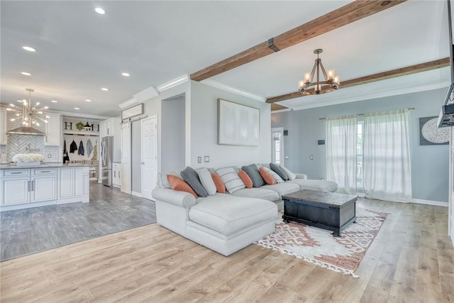 28 Blaydon Loop, Henrietta, NY 14586 - living room featuring a chandelier, ornamental molding, recessed lighting, light wood-type flooring, and beam ceiling
