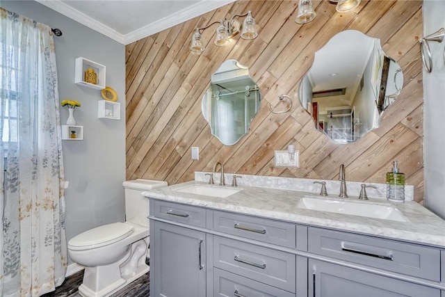 28 Blaydon Loop, Henrietta, NY 14586 - bathroom with wood walls, double vanity, ornamental molding, and a shower with shower curtain