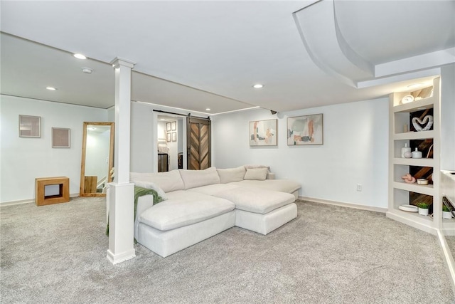28 Blaydon Loop, Henrietta, NY 14586 - living area featuring carpet floors, recessed lighting, and a barn door