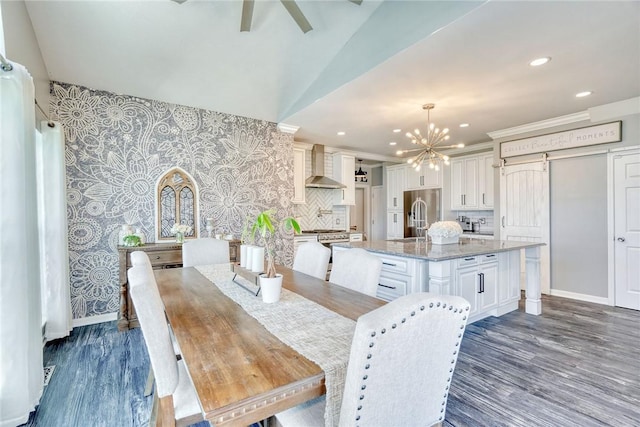28 Blaydon Loop, Henrietta, NY 14586 - dining room featuring a chandelier, dark wood-type flooring, recessed lighting, ceiling fan, and wallpapered walls