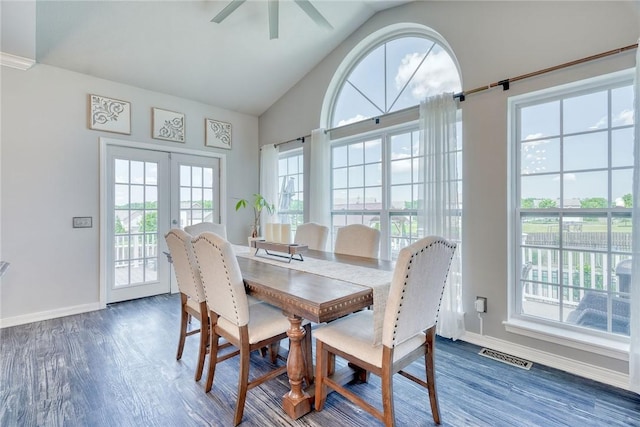 28 Blaydon Loop, Henrietta, NY 14586 - dining room with healthy amount of natural light, vaulted ceiling, wood finished floors, a ceiling fan, and french doors
