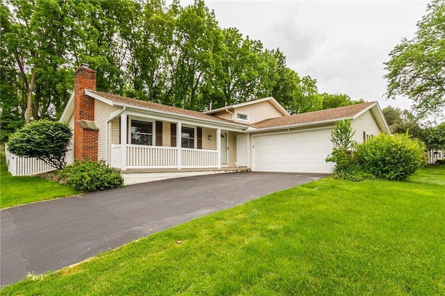 45 Barnfield Rd, Henrietta, NY 14534 - view of front facade featuring a chimney, a porch, an attached garage, a front yard, and asphalt driveway