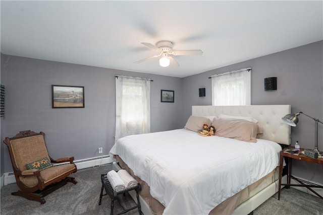70 E Main St, Avon, NY 14414 - carpeted bedroom with baseboard heating, a baseboard heating unit, and ceiling fan