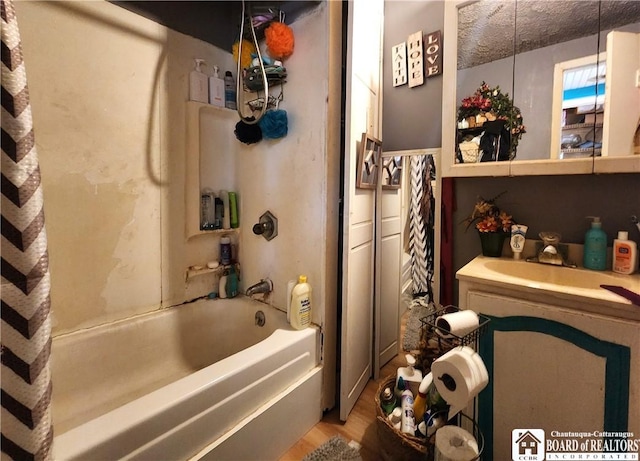124 Bowen St, Jamestown, NY 14701 - bathroom featuring wood finished floors and shower / bath combination with curtain