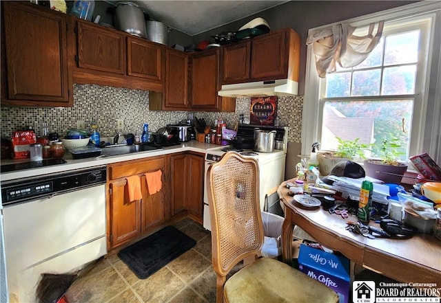 124 Bowen St, Jamestown, NY 14701 - kitchen with dishwasher, under cabinet range hood, range, light countertops, and backsplash