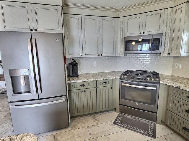 641 Fire Ln Unit 5, Genoa, NY 13081 - kitchen featuring stainless steel appliances, gray cabinets, decorative backsplash, and light stone counters