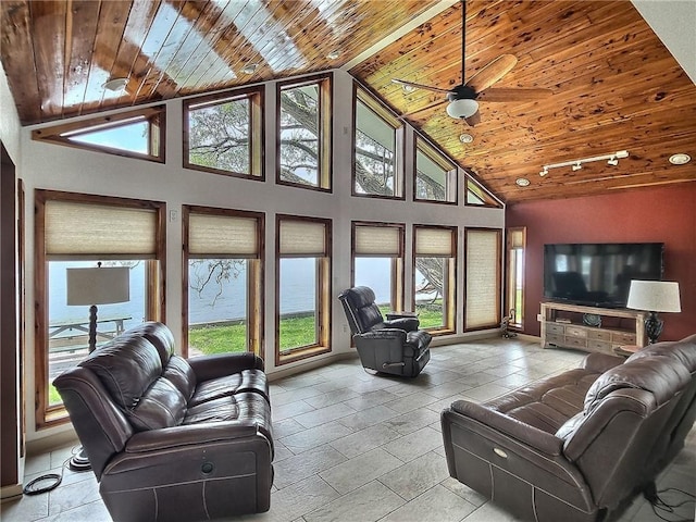 641 Fire Ln Unit 5, Genoa, NY 13081 - living area with wooden ceiling, high vaulted ceiling, and ceiling fan