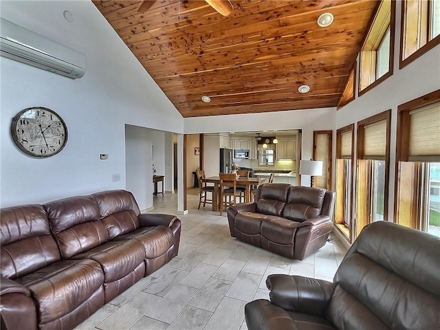 641 Fire Ln Unit 5, Genoa, NY 13081 - living area featuring high vaulted ceiling, a wall mounted AC, and wood ceiling
