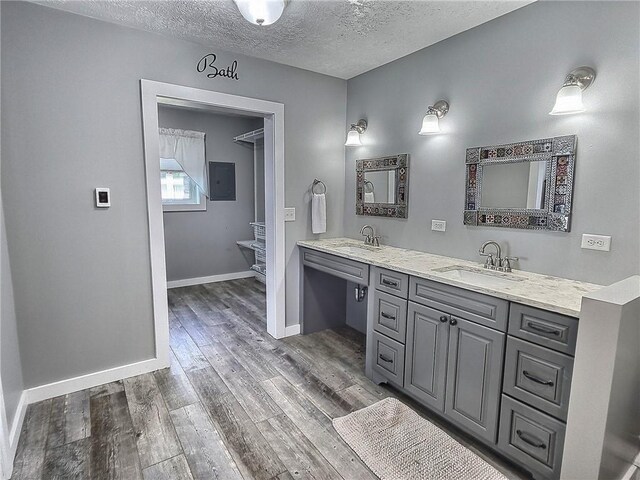 641 Fire Ln Unit 5, Genoa, NY 13081 - full bathroom featuring wood finished floors, double vanity, a textured ceiling, and electric panel