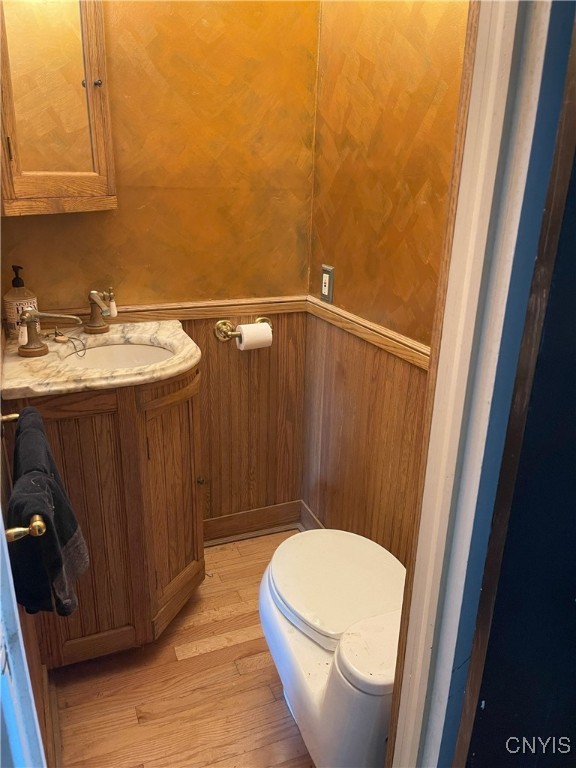 11159 State Route 34, Cato, NY 13033 - half bath featuring wainscoting, vanity, wood finished floors, and wallpapered walls