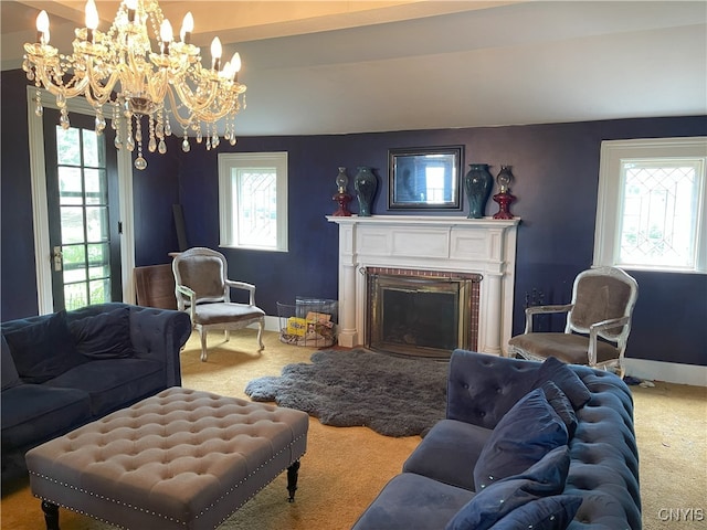 11159 State Route 34, Cato, NY 13033 - living area with carpet floors, a fireplace, plenty of natural light, and a chandelier