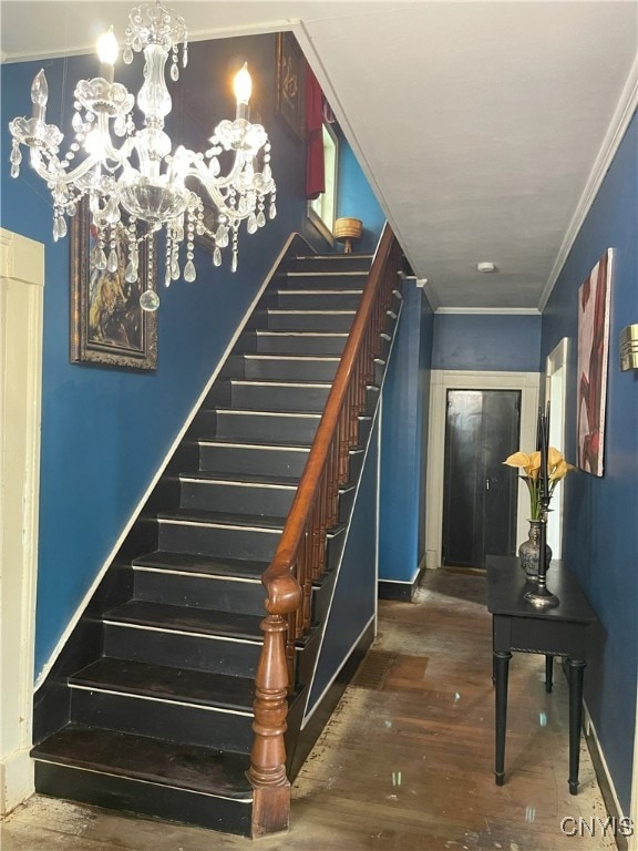 11159 State Route 34, Cato, NY 13033 - staircase with wood-type flooring, crown molding, and a chandelier