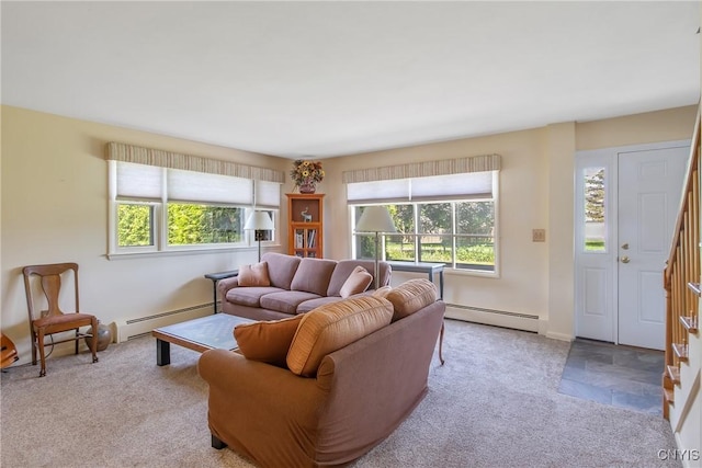 4853 Enders Rd, Manlius, NY 13104 - living room featuring a baseboard heating unit, carpet flooring, and plenty of natural light