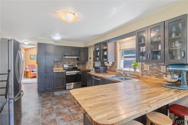 4853 Enders Rd, Manlius, NY 13104 - kitchen featuring appliances with stainless steel finishes, under cabinet range hood, a peninsula, tasteful backsplash, and glass insert cabinets