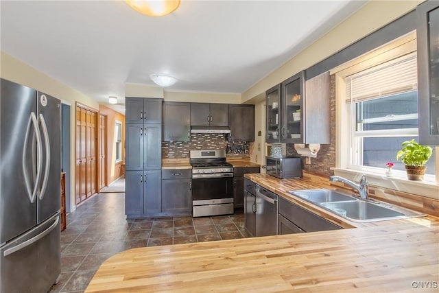 4853 Enders Rd, Manlius, NY 13104 - kitchen featuring stainless steel appliances, tasteful backsplash, glass insert cabinets, under cabinet range hood, and butcher block countertops