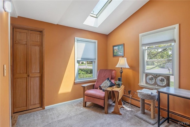 4853 Enders Rd, Manlius, NY 13104 - sitting room with lofted ceiling, a skylight, baseboard heating, and carpet floors