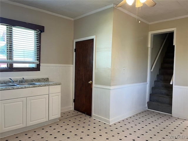 50 Ideal St, Buffalo, NY 14206 - bathroom featuring a wainscoted wall, a ceiling fan, tile patterned floors, ornamental molding, and vanity